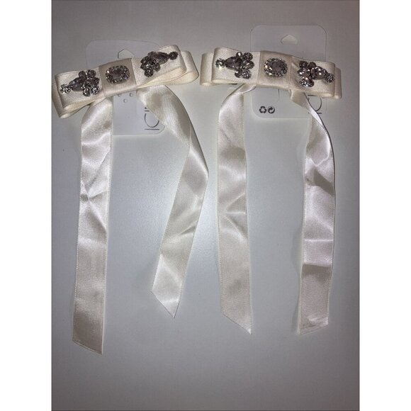 Icing 2 Piece Hair Ivory Rhinestone Studded Satin Long Tail Hair Bow Clip - Picture 1 of 4